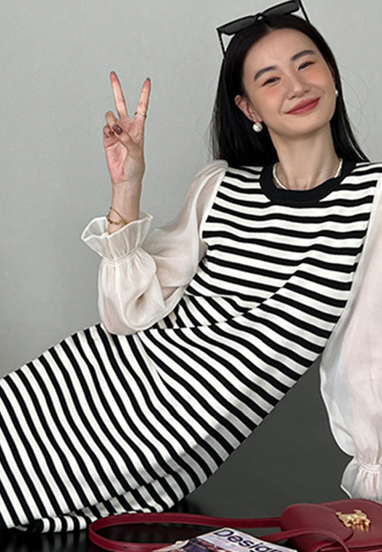 --Casual Striped Knit Loose One-Piece Dress A22090716-F