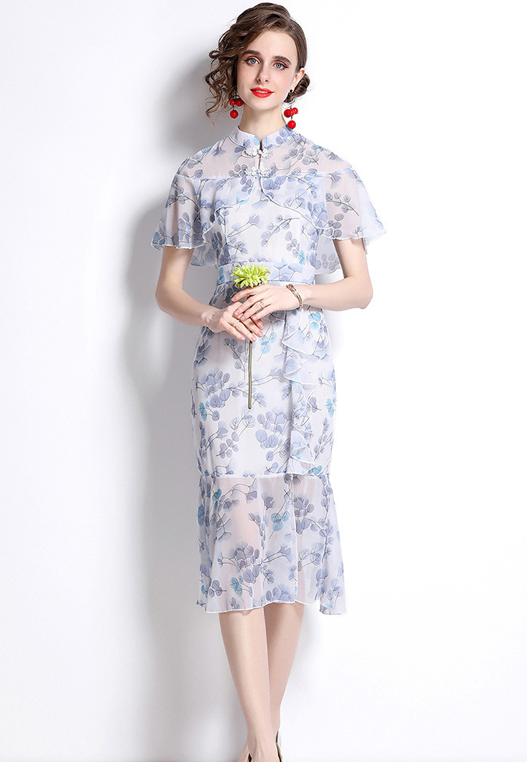 Chinese Cheongsam Style Exquisite Flower Lotus Collar One-piece Dress A22102506