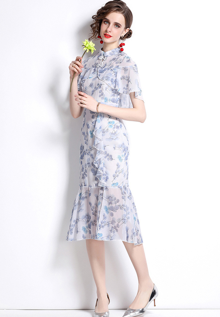 Chinese Cheongsam Style Exquisite Flower Lotus Collar One-piece Dress A22102506