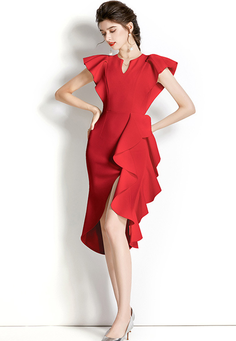 Temperament V-neck Flying Sleeve Ruffle Irregular Evening One-Piece Dress A22102607RD