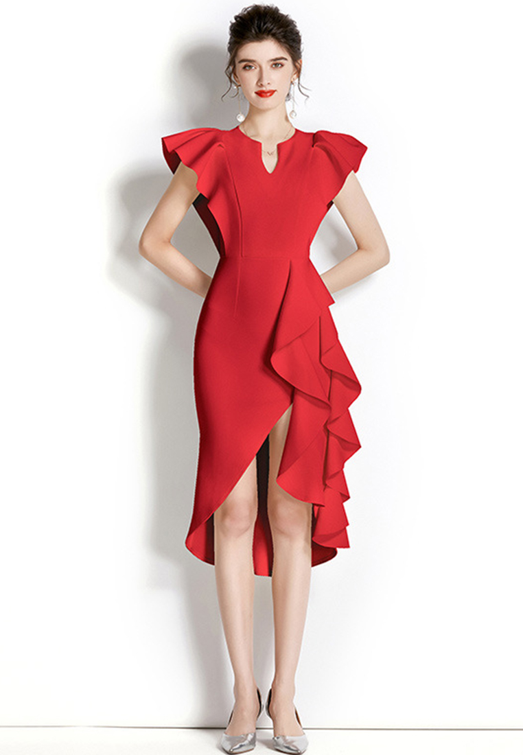 Temperament V-neck Flying Sleeve Ruffle Irregular Evening One-Piece Dress A22102607RD