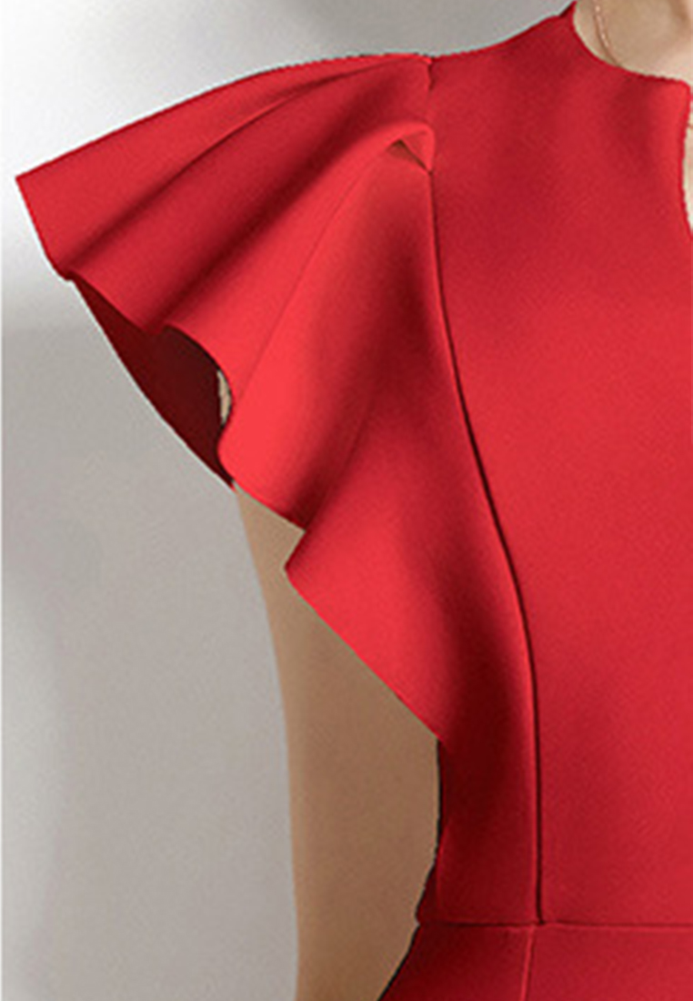 Temperament V-neck Flying Sleeve Ruffle Irregular Evening One-Piece Dress A22102607RD