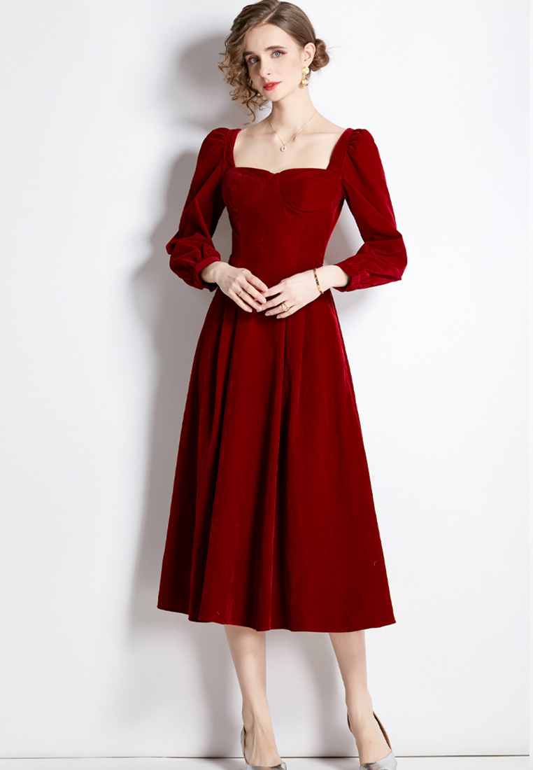 Retro Style Velvet Square Neck Slim A-line One-Piece Dress A22102813