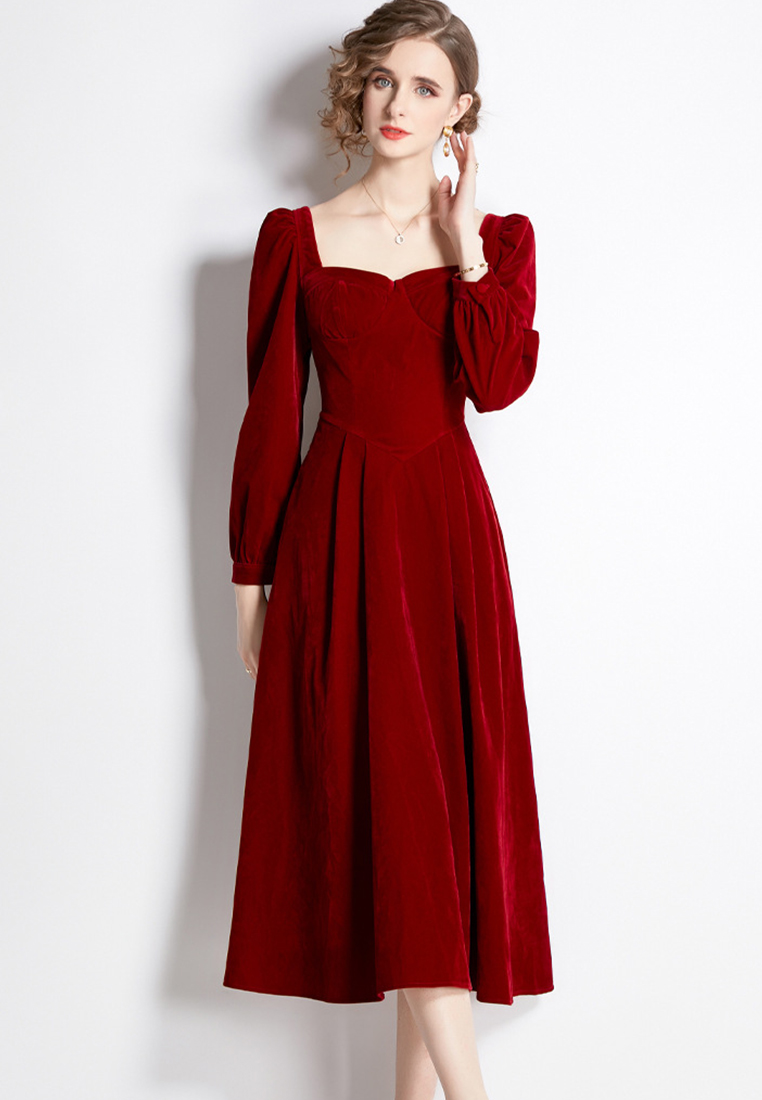 Retro Style Velvet Square Neck Slim A-line One-Piece Dress A22102813