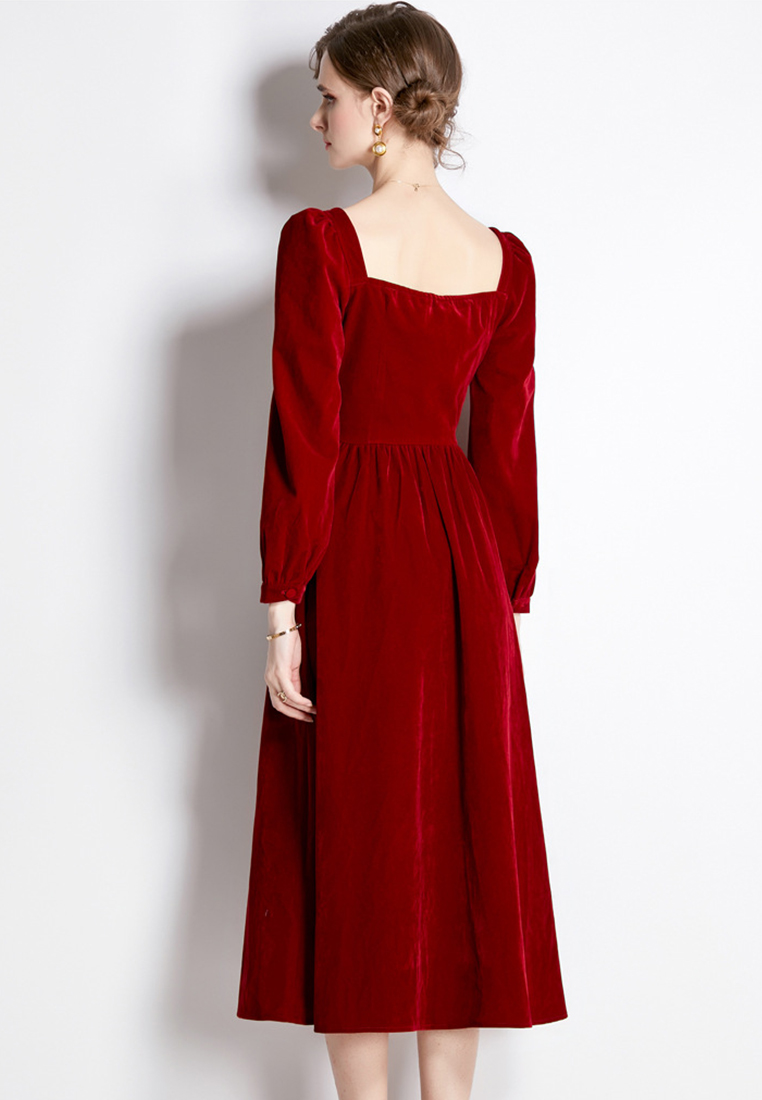 Retro Style Velvet Square Neck Slim A-line One-Piece Dress A22102813
