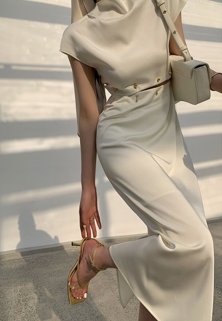 Sexy Sleeveless Detachable Beaded Open Waist One-Piece Dress A23021516