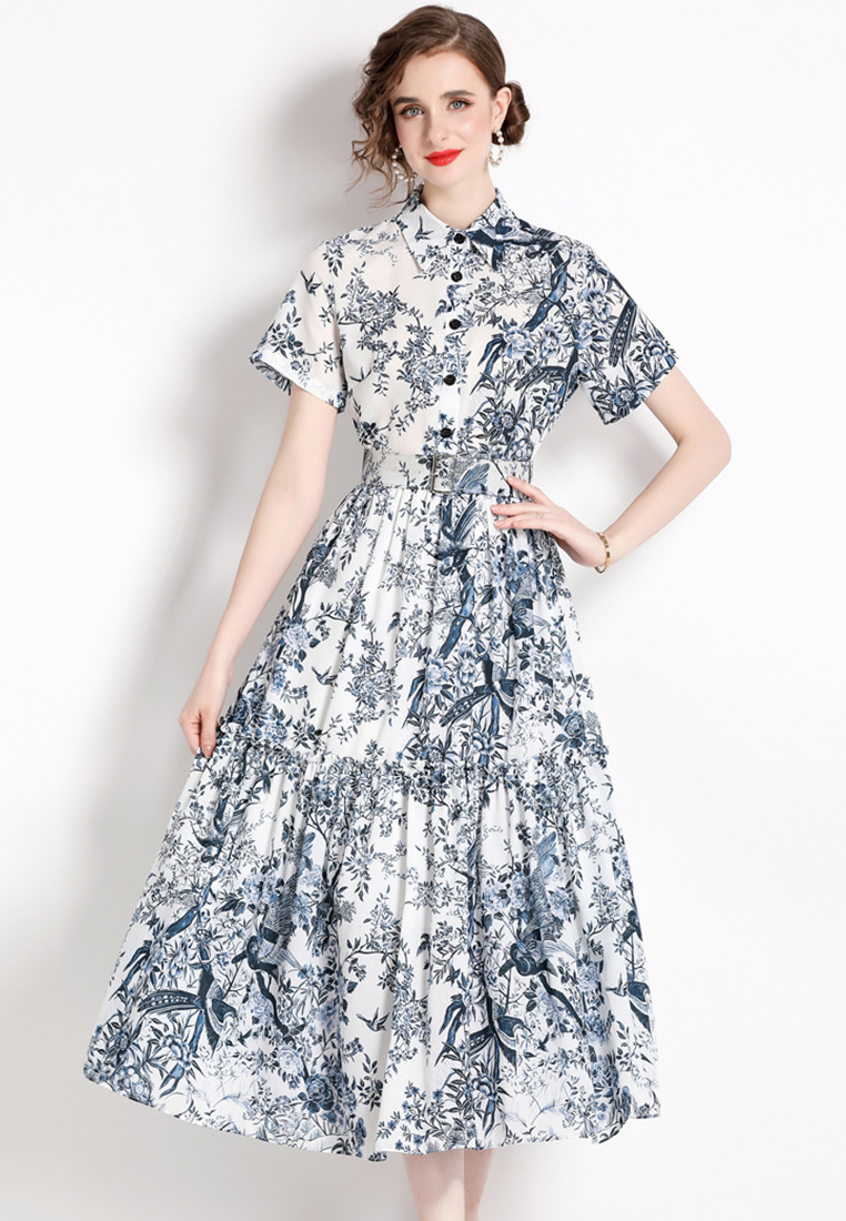 2023 Temperament Chinese Style Printed Waist One Piece Dress A23022401