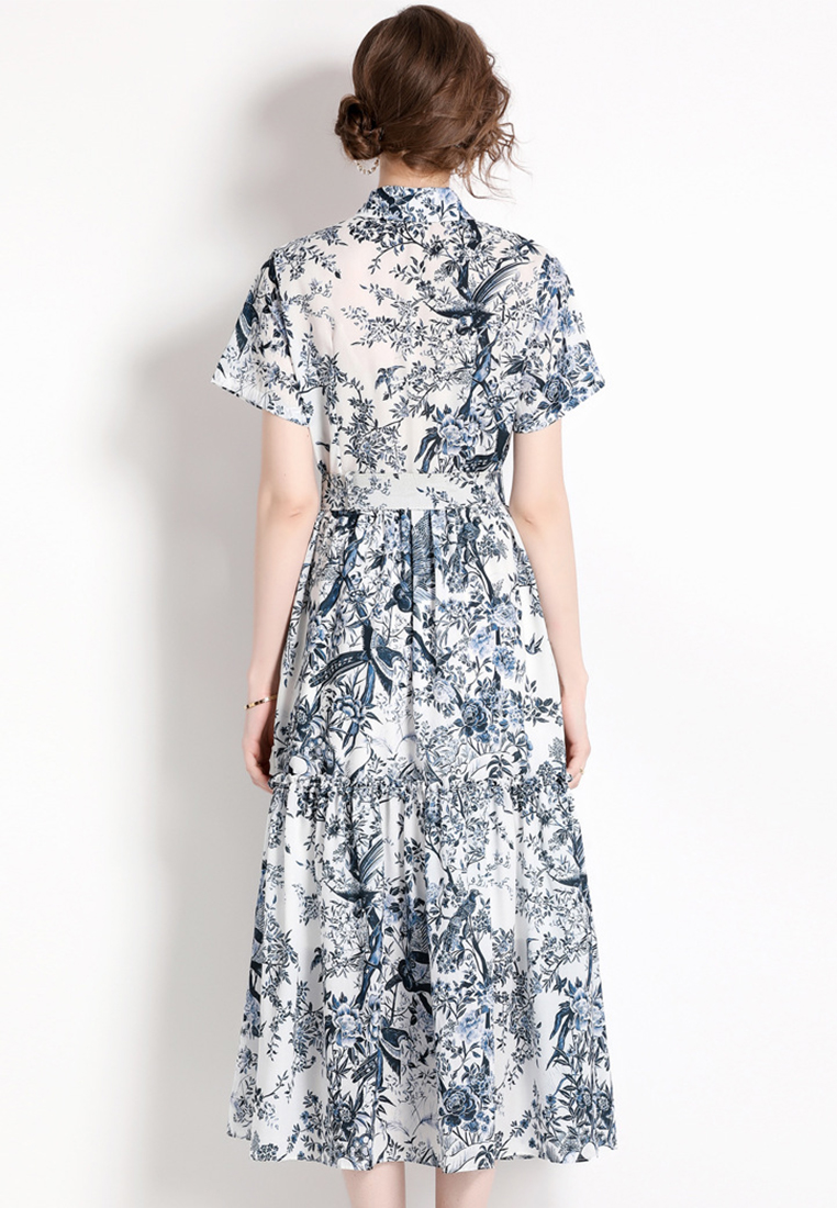 2023 Temperament Chinese Style Printed Waist One Piece Dress A23022401