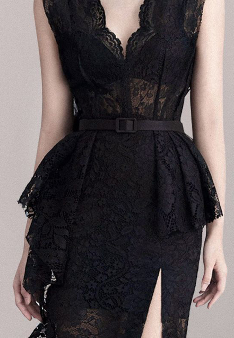 High Quality Lace Deep V Waist Side Split Slim Fit Midi Dress A23022415