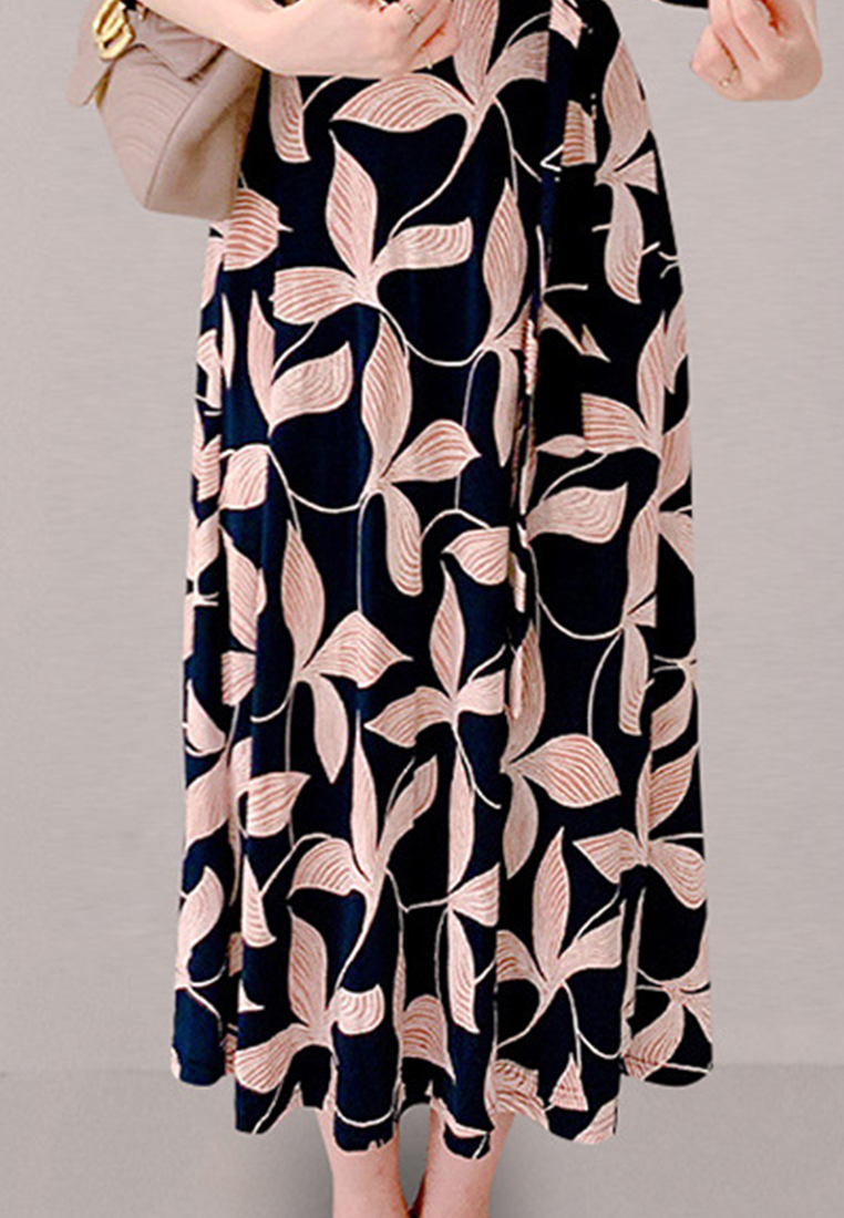 Elegant Vintage V-Neck Half Sleeve Lace Up Waist Printed Midi Dress A23022422RD-sunnydaysweety