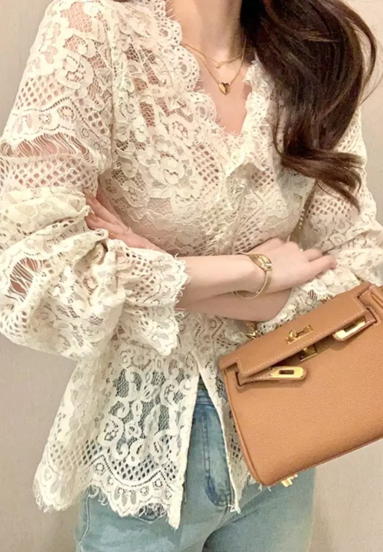 New elegant full lace long-sleeved shirt top K092401