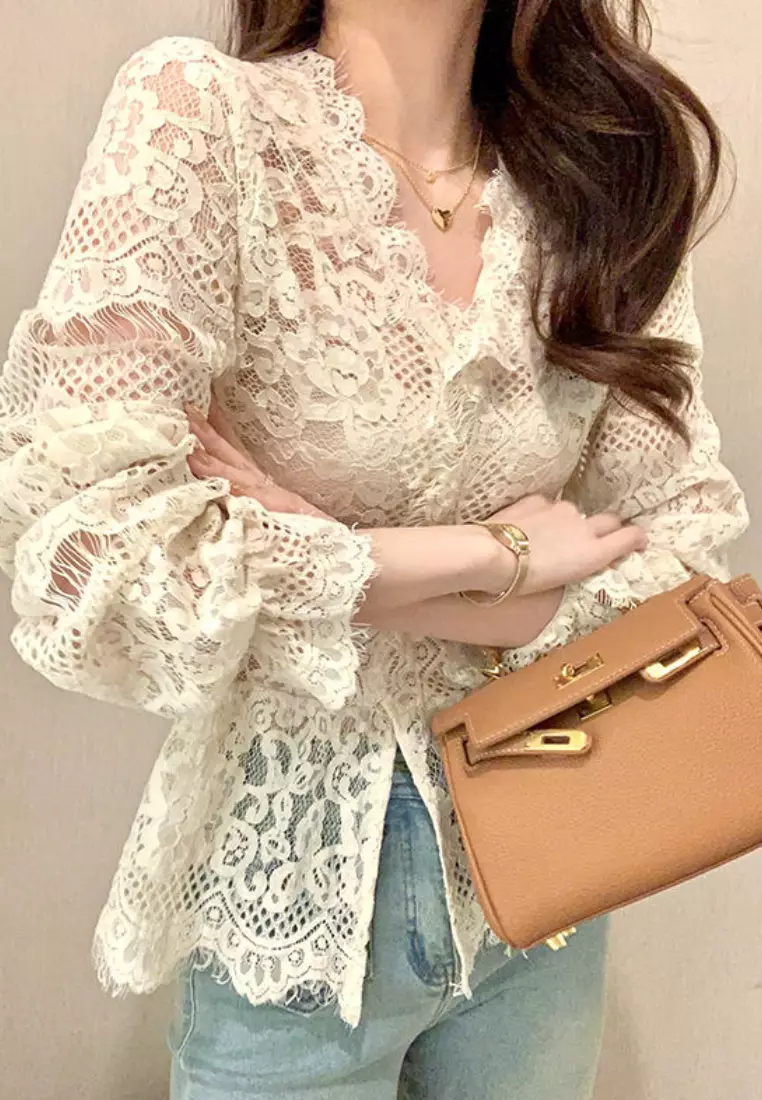 New elegant full lace long-sleeved shirt top K092401