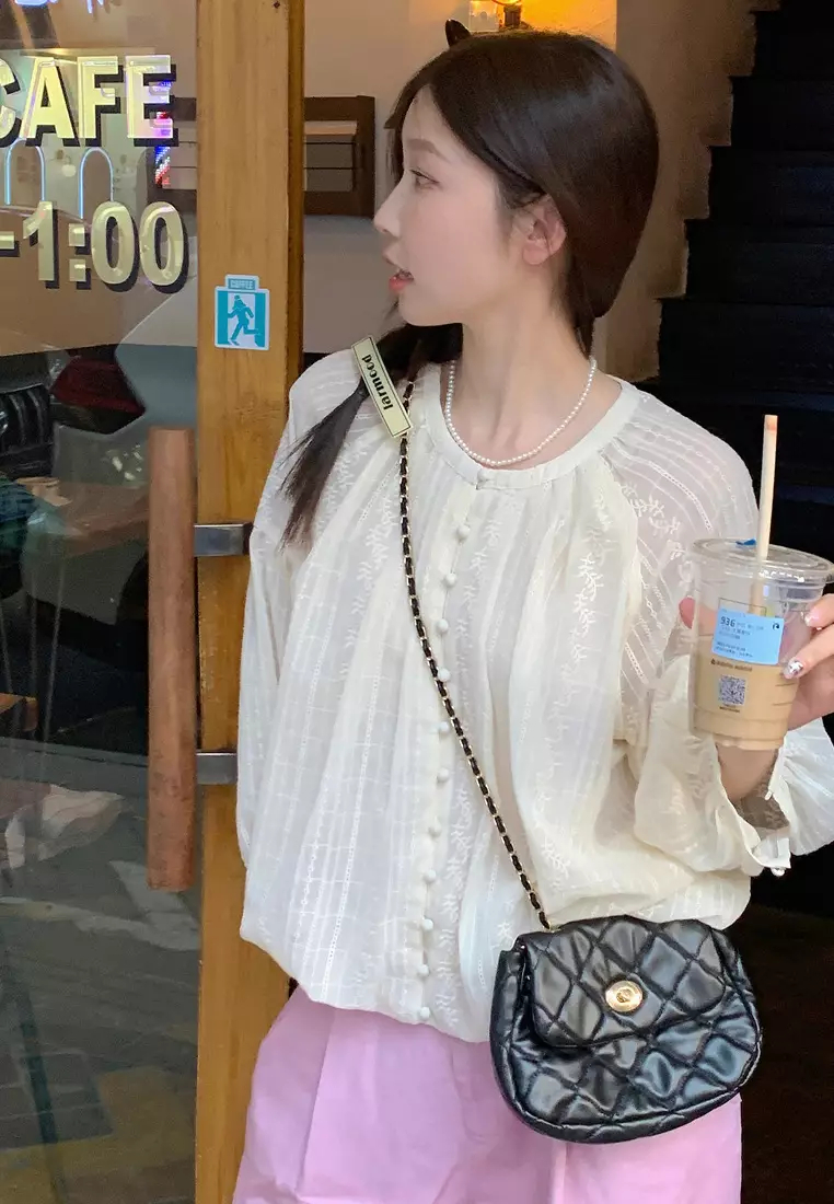 New elegant jacquard round neck long sleeve shirt top K092403