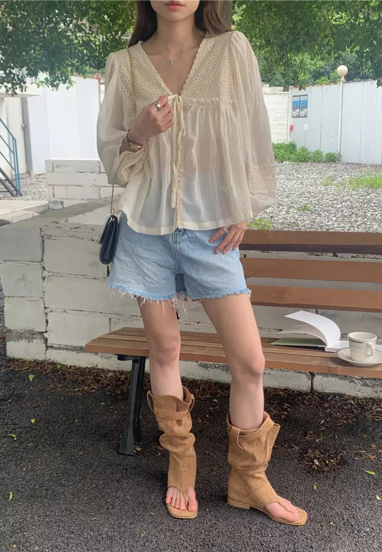 new elegant lace stitching V-neck long-sleeved shirt top K100311