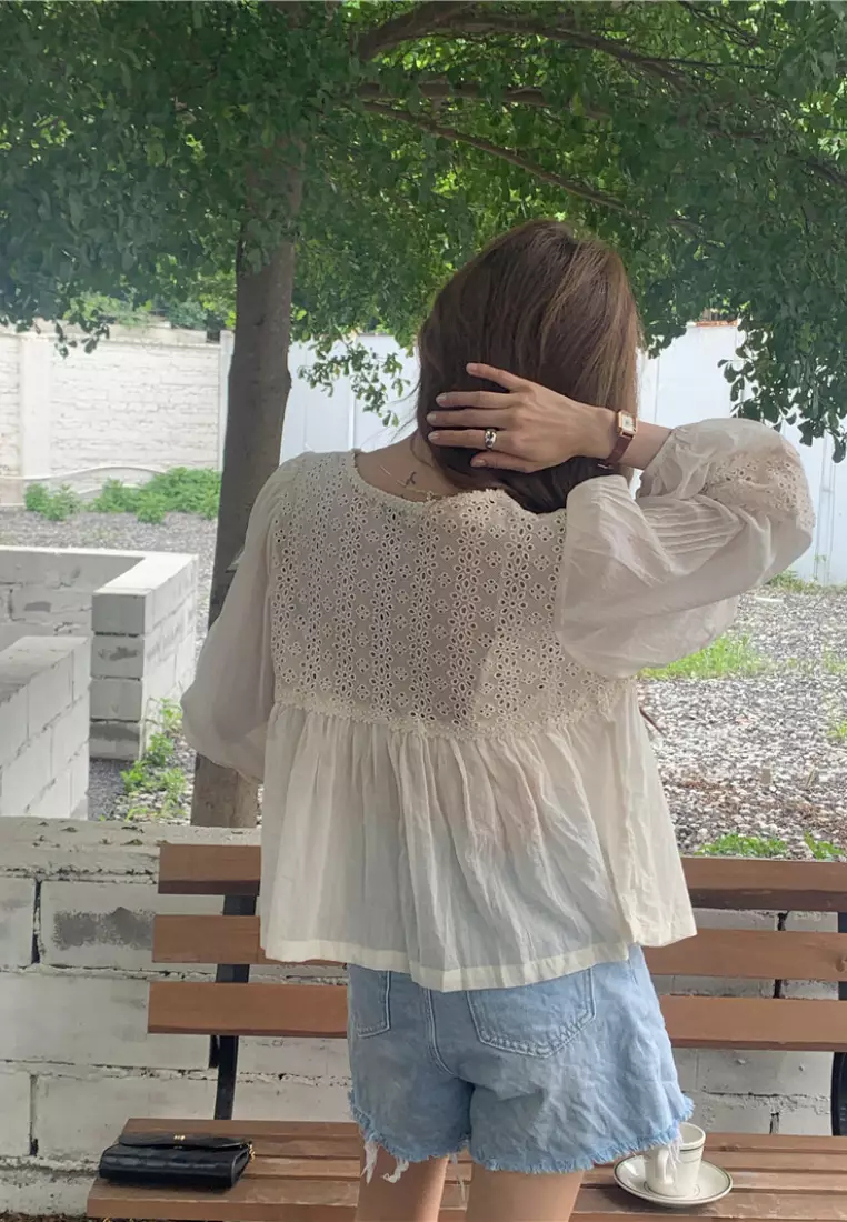 new elegant lace stitching V-neck long-sleeved shirt top K100311