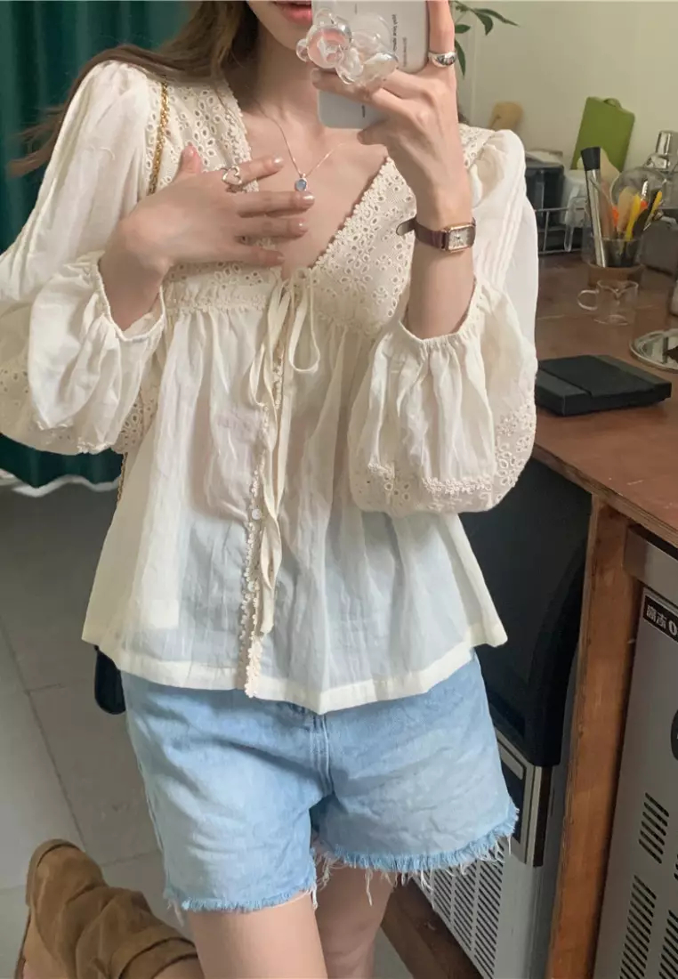 new elegant lace stitching V-neck long-sleeved shirt top K100311