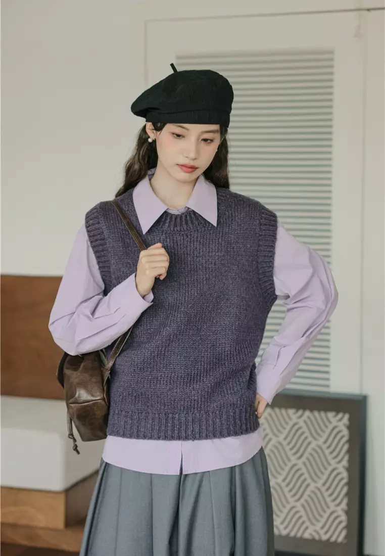 Brand new elegant retro pink purple long-sleeved shirt & vest top K092402-01