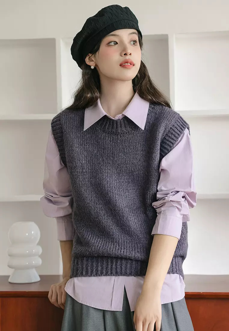 Brand new elegant retro pink purple long-sleeved shirt & vest top K092402-01