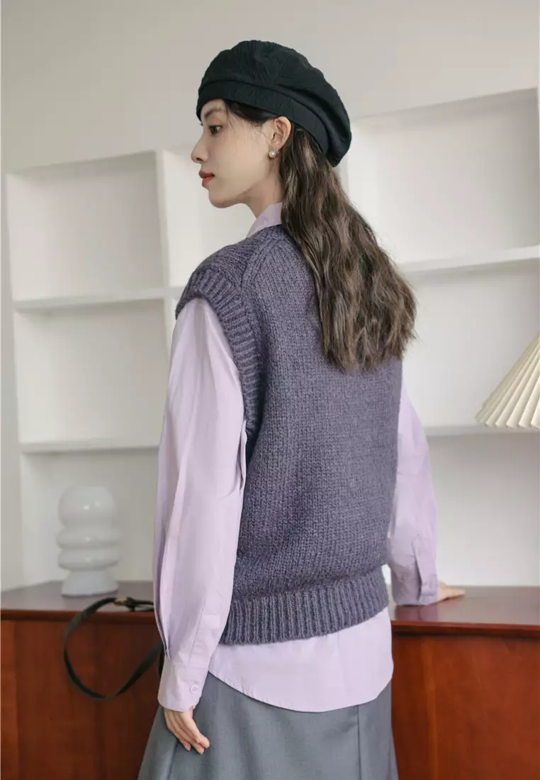 Brand new elegant retro pink purple long-sleeved shirt & vest top K092402-01