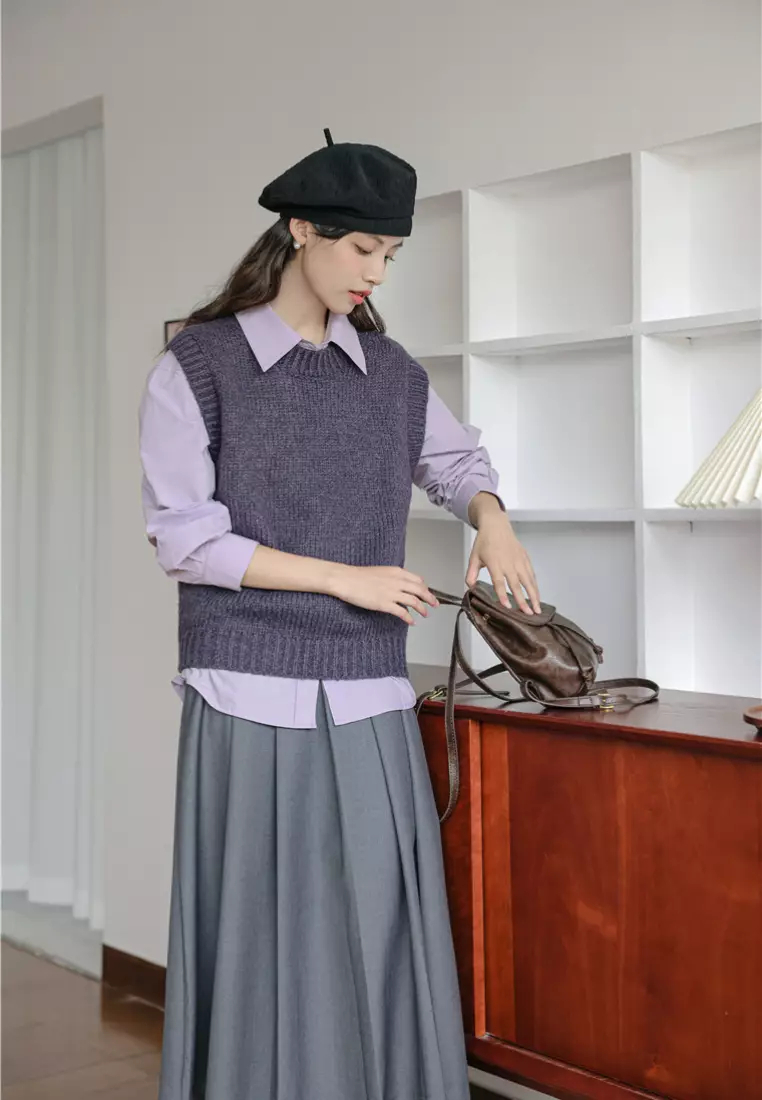 Brand new elegant retro pink purple long-sleeved shirt & vest top K092402-01