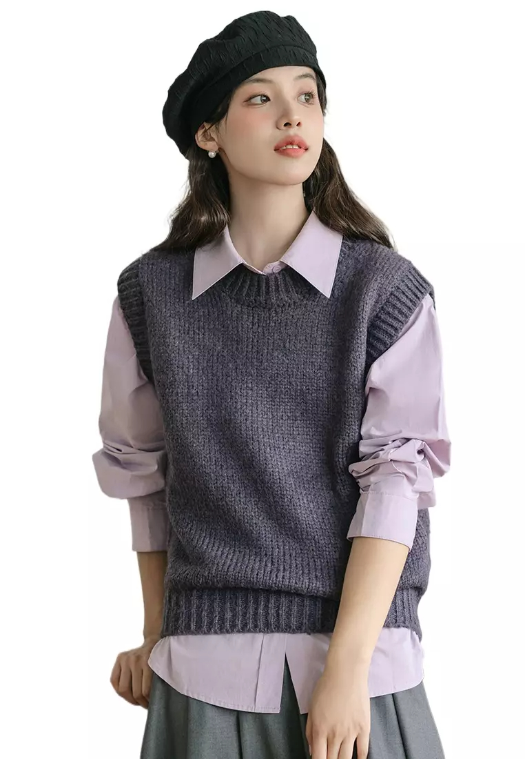 Brand new elegant retro pink purple long-sleeved shirt & vest top K092402-01