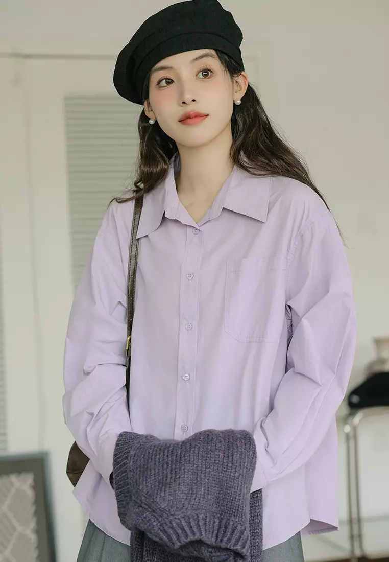 Brand new elegant retro pink purple long-sleeved shirt & vest top K092402-01