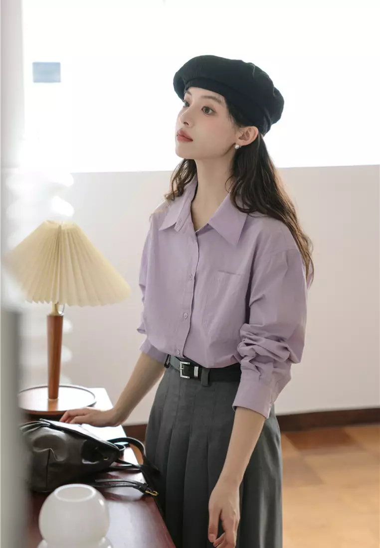 Brand new elegant retro pink purple long-sleeved shirt & vest top K092402-01