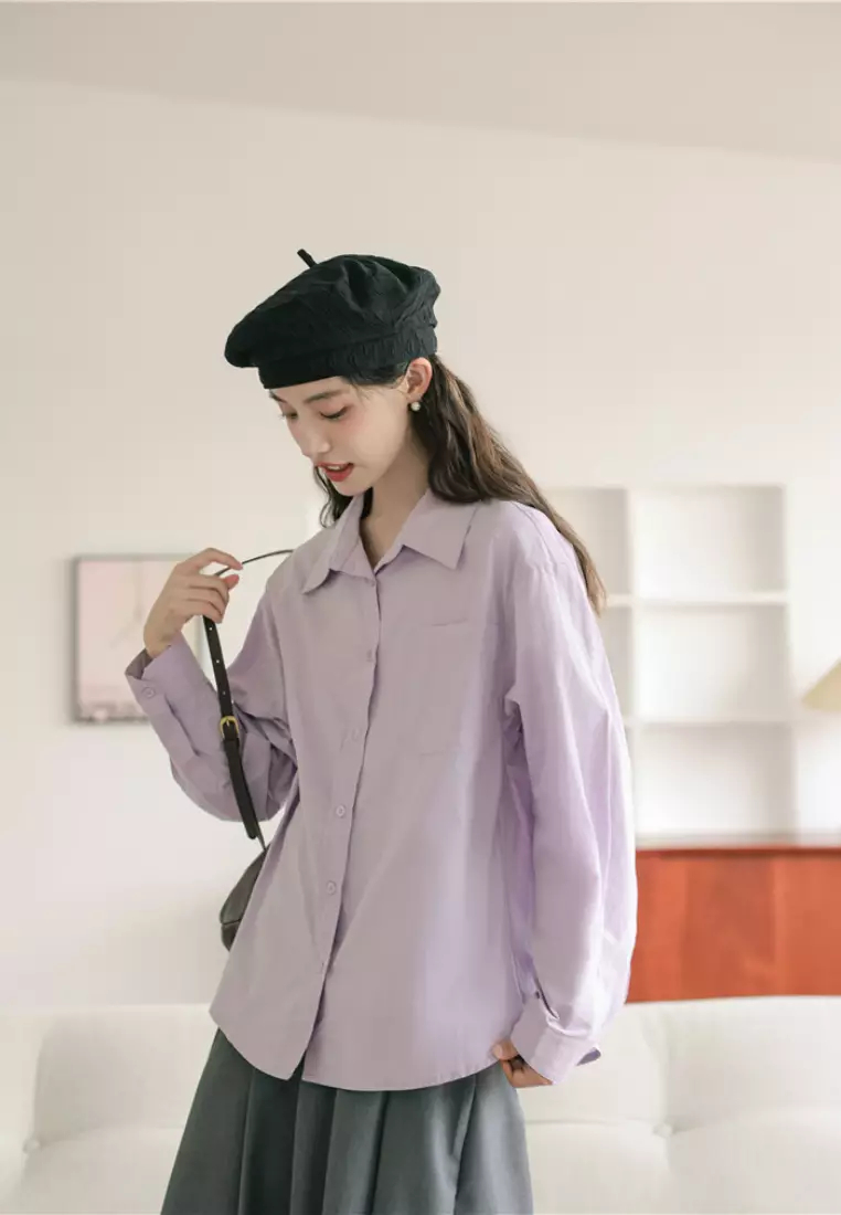 Brand new elegant retro pink purple long-sleeved shirt & vest top K092402-01