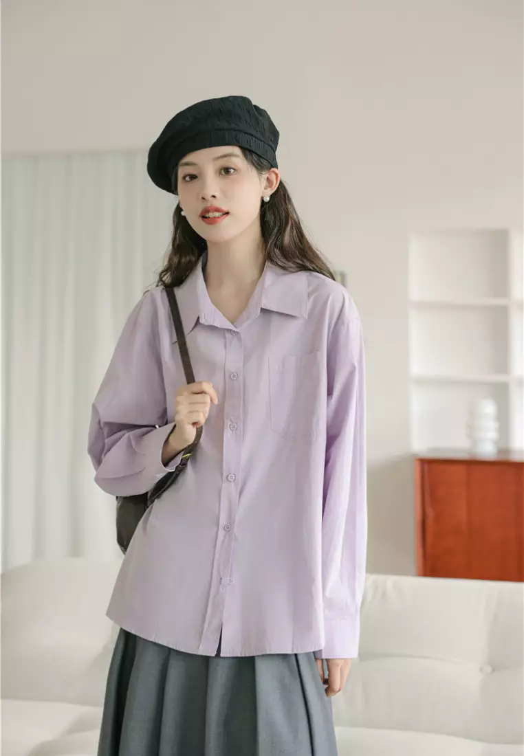Brand new elegant retro pink purple long-sleeved shirt & vest top K092402-01