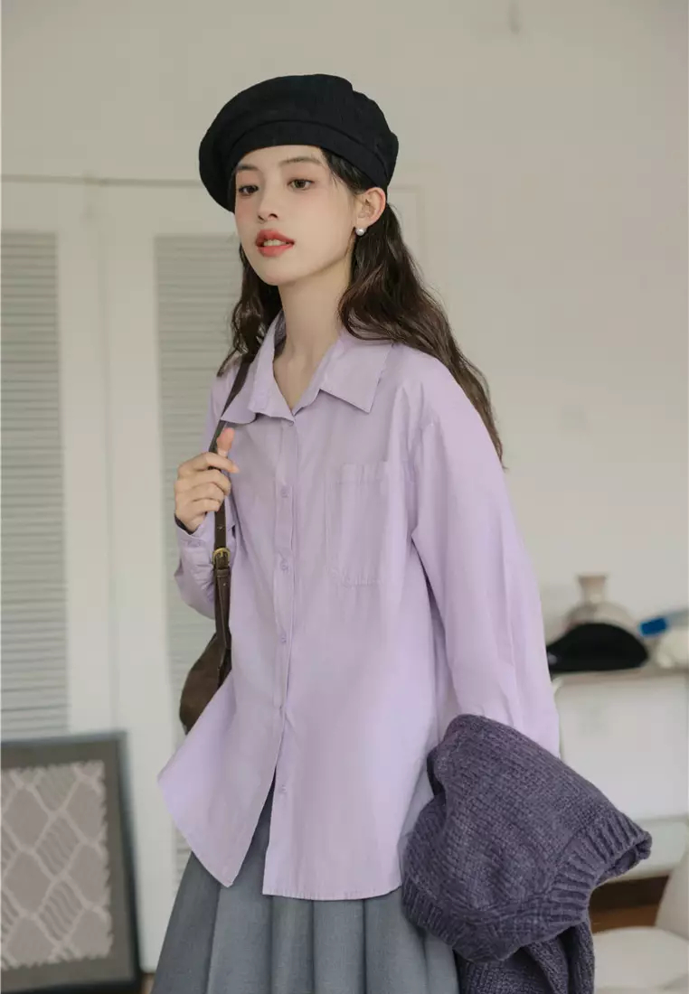 Brand new elegant retro pink purple long-sleeved shirt & vest top K092402-01