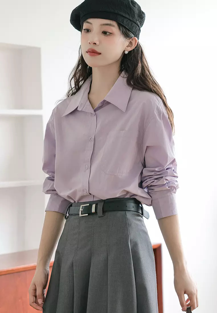 Brand new elegant retro pink purple long-sleeved shirt & vest top K092402-01