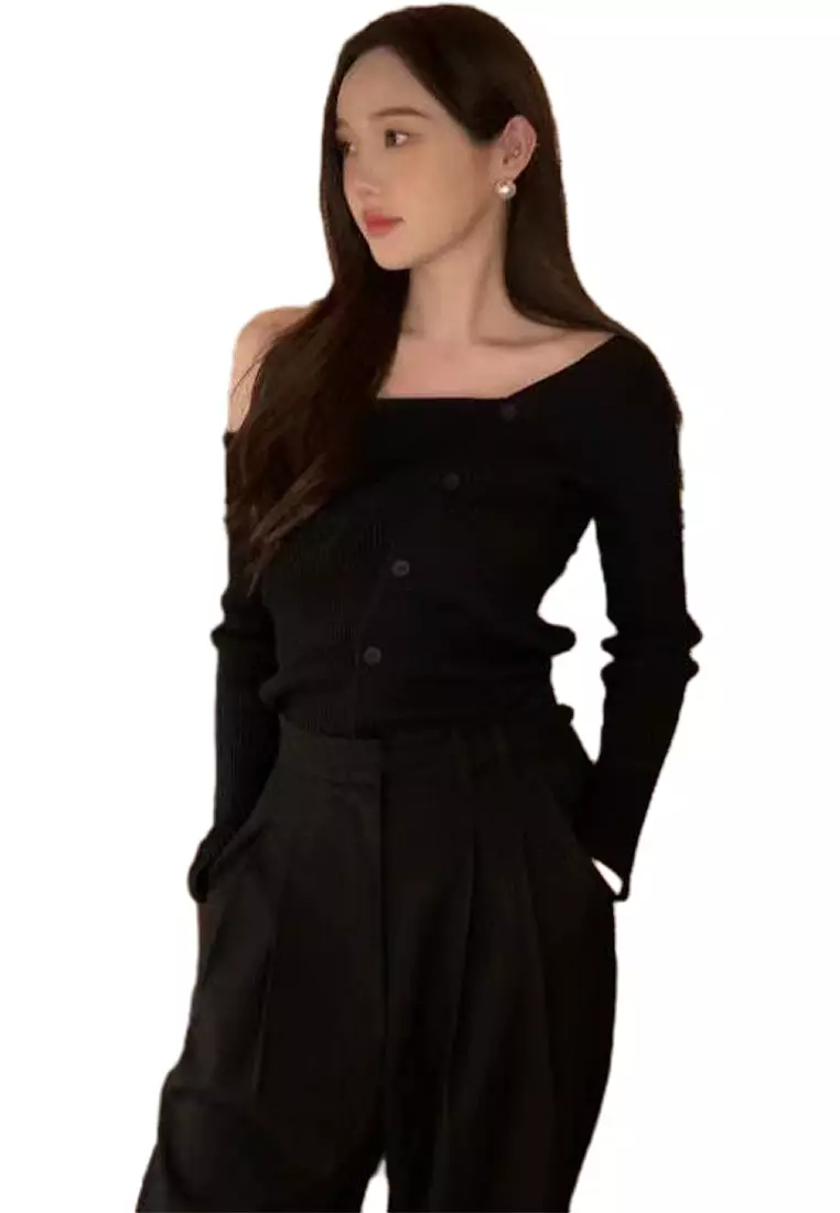 Brand new irregular off-shoulder knitted top K092705-BK