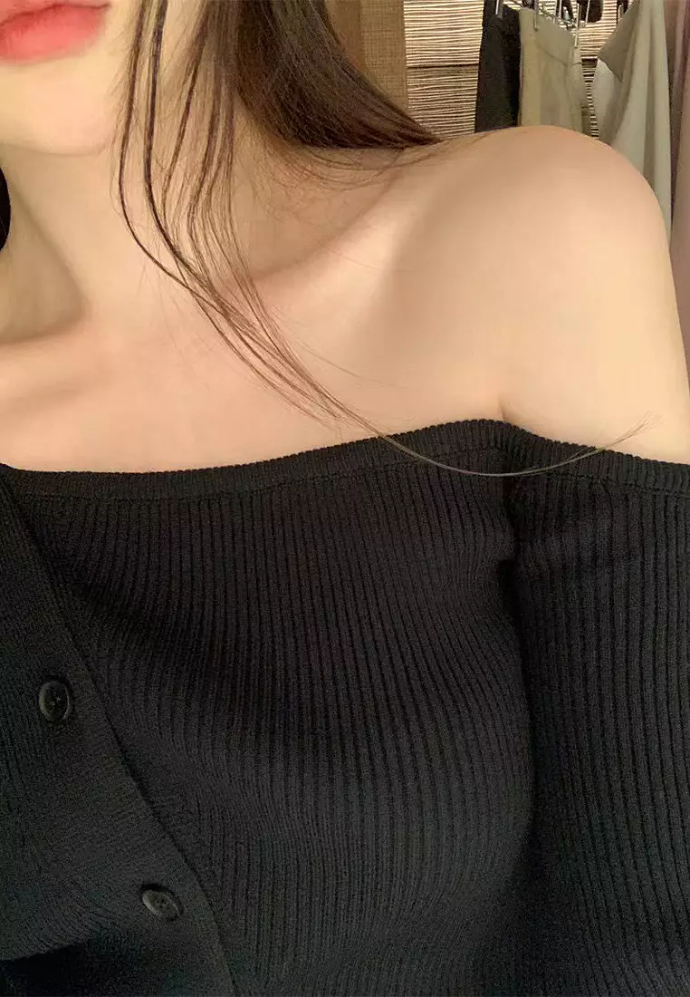 Brand new irregular off-shoulder knitted top K092705-BK