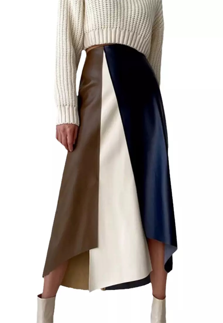 New retro style multi-color spliced ​​leather skirt K093004