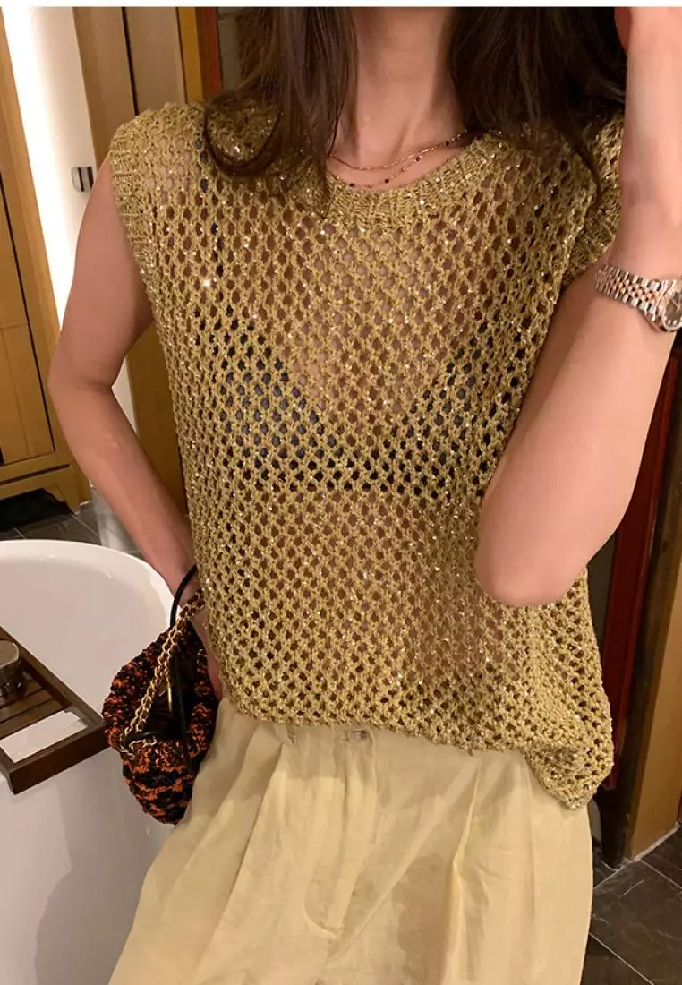Brand new summer air glitter sleeveless knitted women's top K061803BW