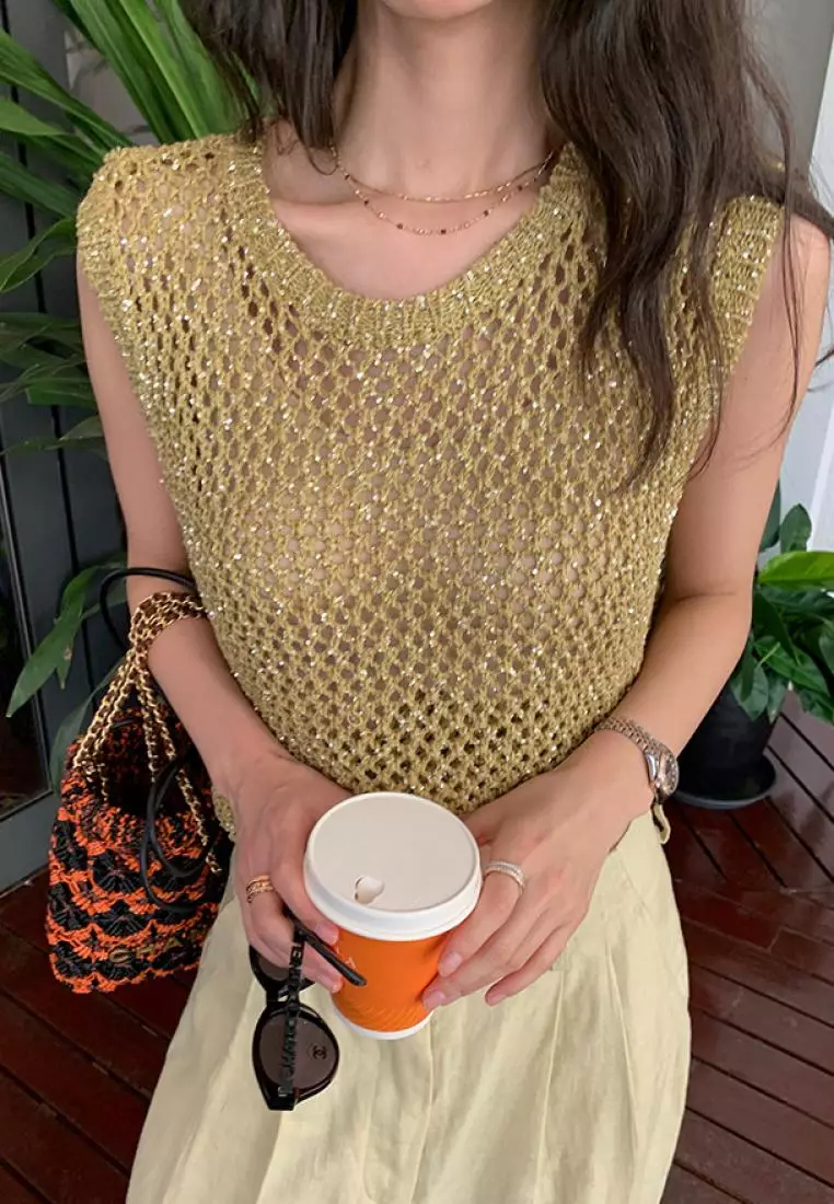 Brand new summer air glitter sleeveless knitted women's top K061803BW