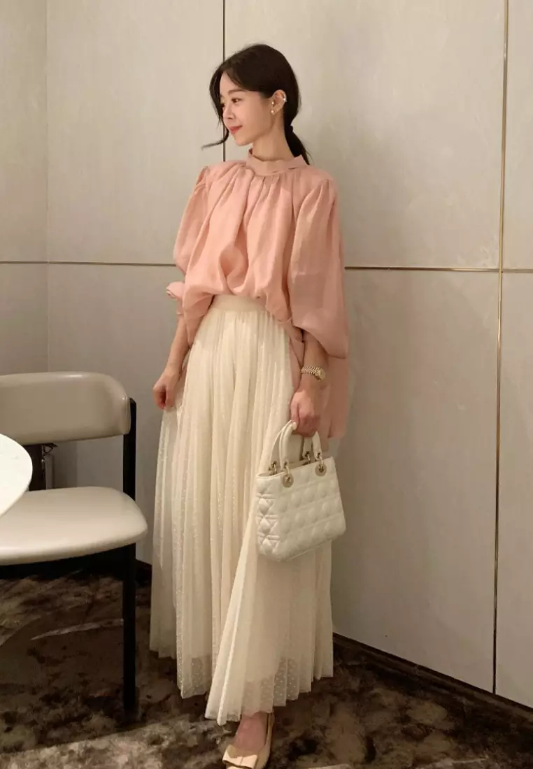 Brand new temperament lantern sleeve chiffon shirt top K092603-BK