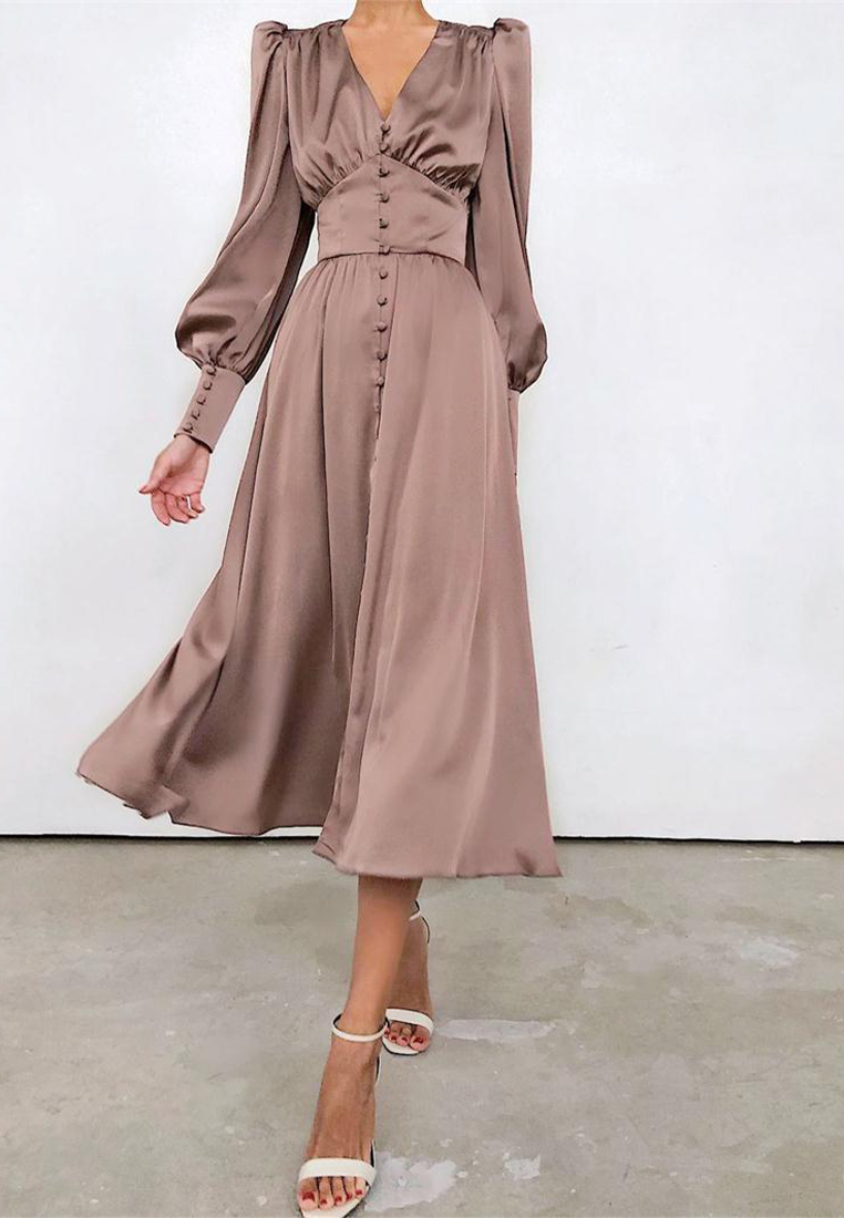 Elegant satin lantern sleeve waist design dress A121822BK