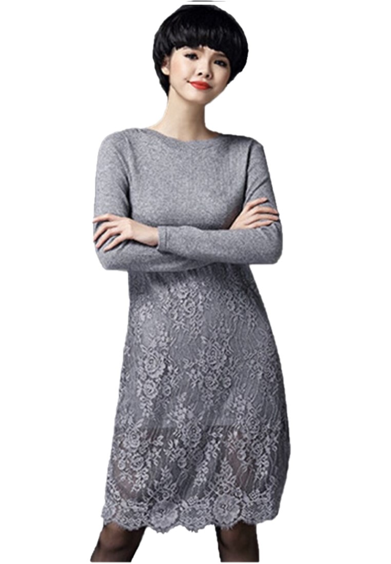 --Grey Knit and Lace One Piece Dress C20050891-F