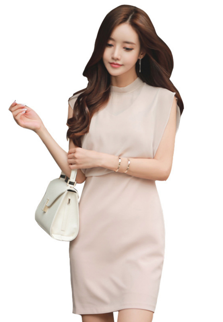 --Beige Chiffon Vest One Piece Dress CA030742