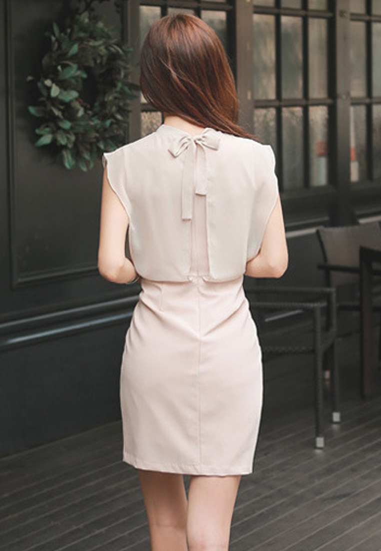 --Beige Chiffon Vest One Piece Dress CA030742