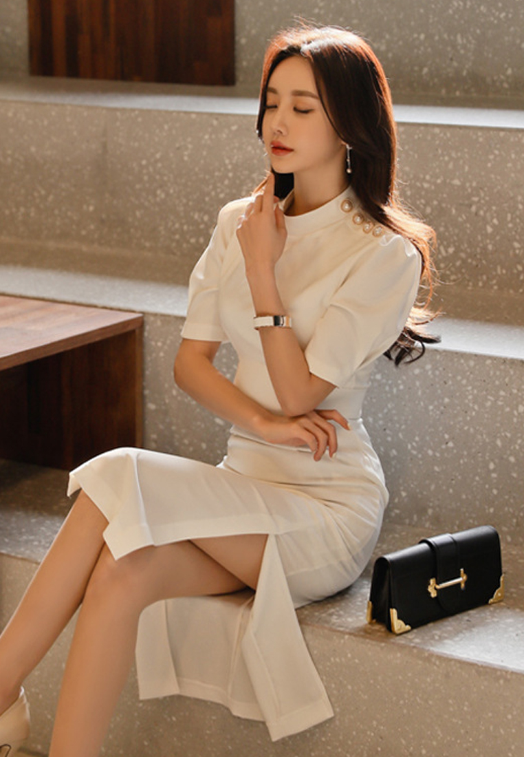 --White Side Slit One Piece Dress CA031420