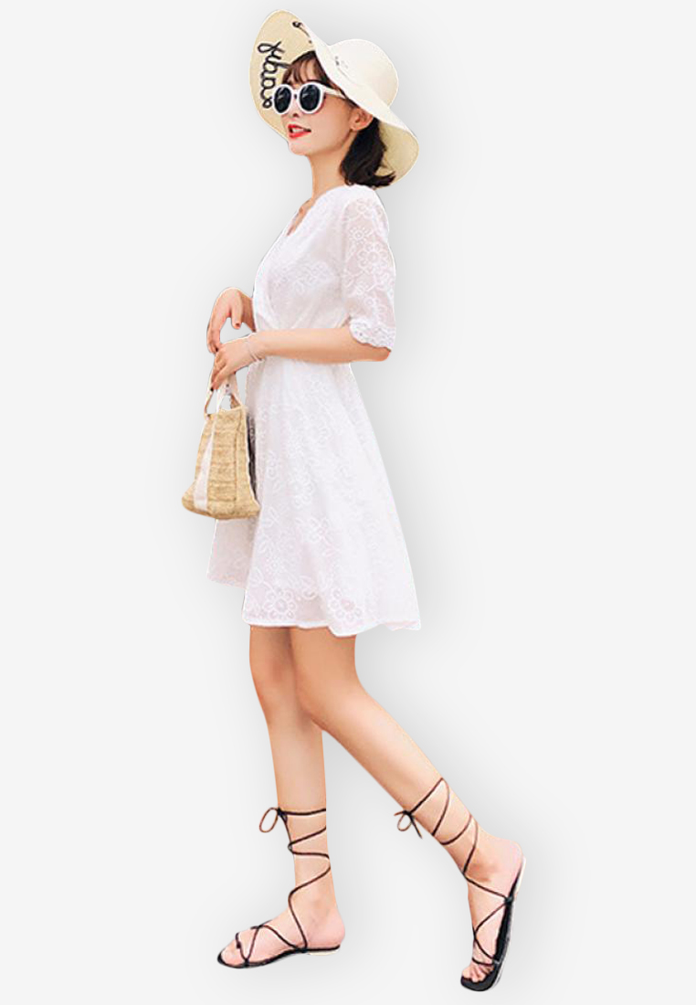 New White V-Neck Flare One Piece Dress CA031915-0