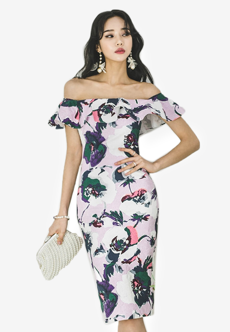 --Floral Off Shoulder One Piece Dress CA041801-0PU