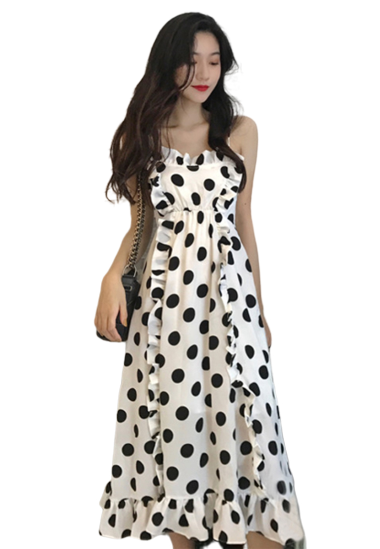 --Black and White Dotted Ruffle Slip One Piece Dress CA052705