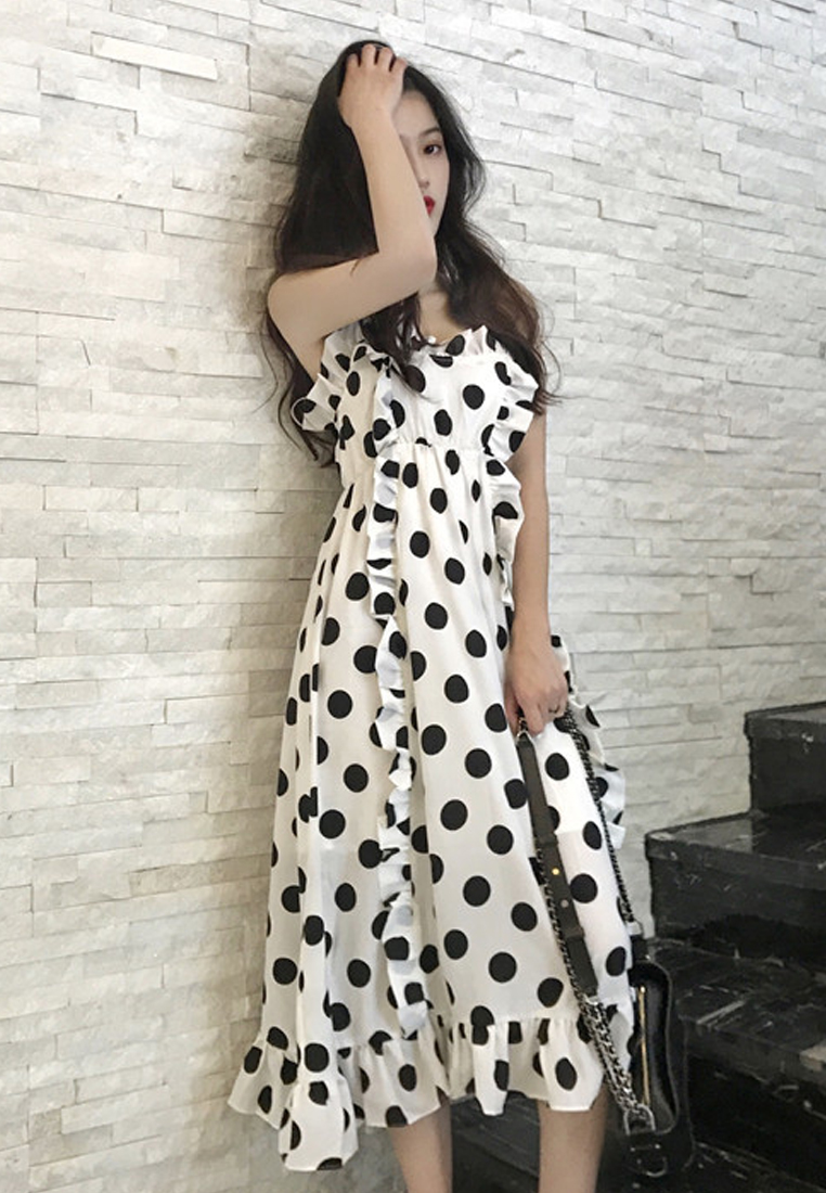 --Black and White Dotted Ruffle Slip One Piece Dress CA052705