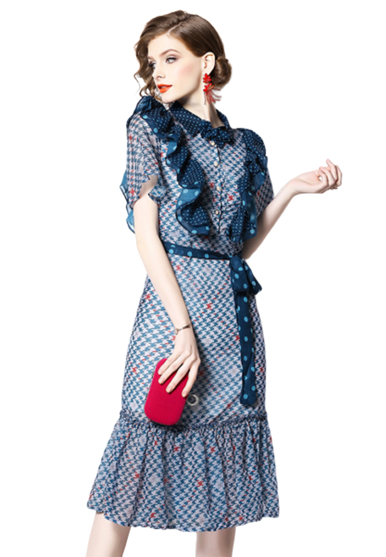 New Blue Chiffon Houndstooth Ruffle One Piece Dress CA052717