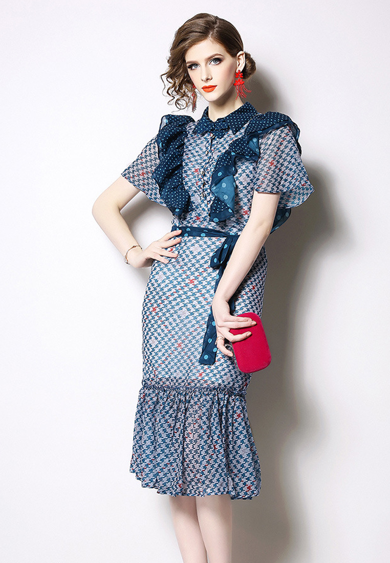 New Blue Chiffon Houndstooth Ruffle One Piece Dress CA052717