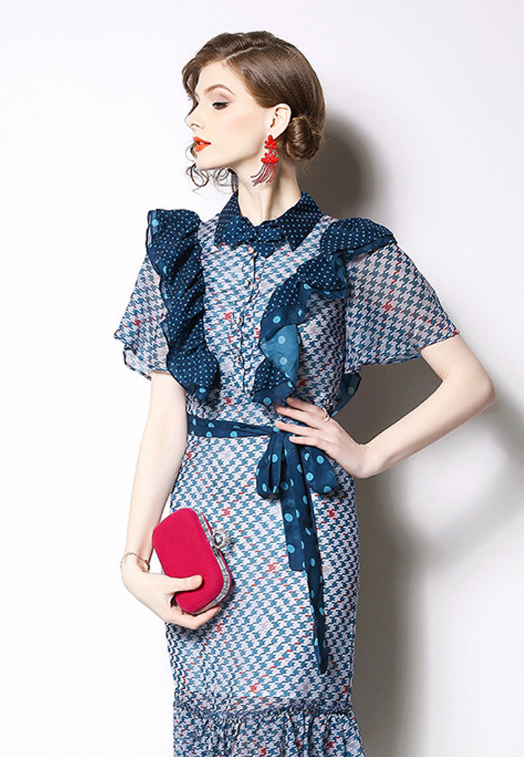 New Blue Chiffon Houndstooth Ruffle One Piece Dress CA052717