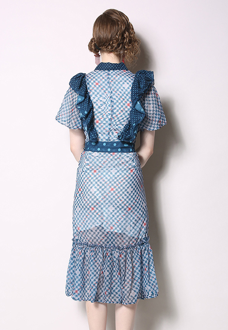 New Blue Chiffon Houndstooth Ruffle One Piece Dress CA052717